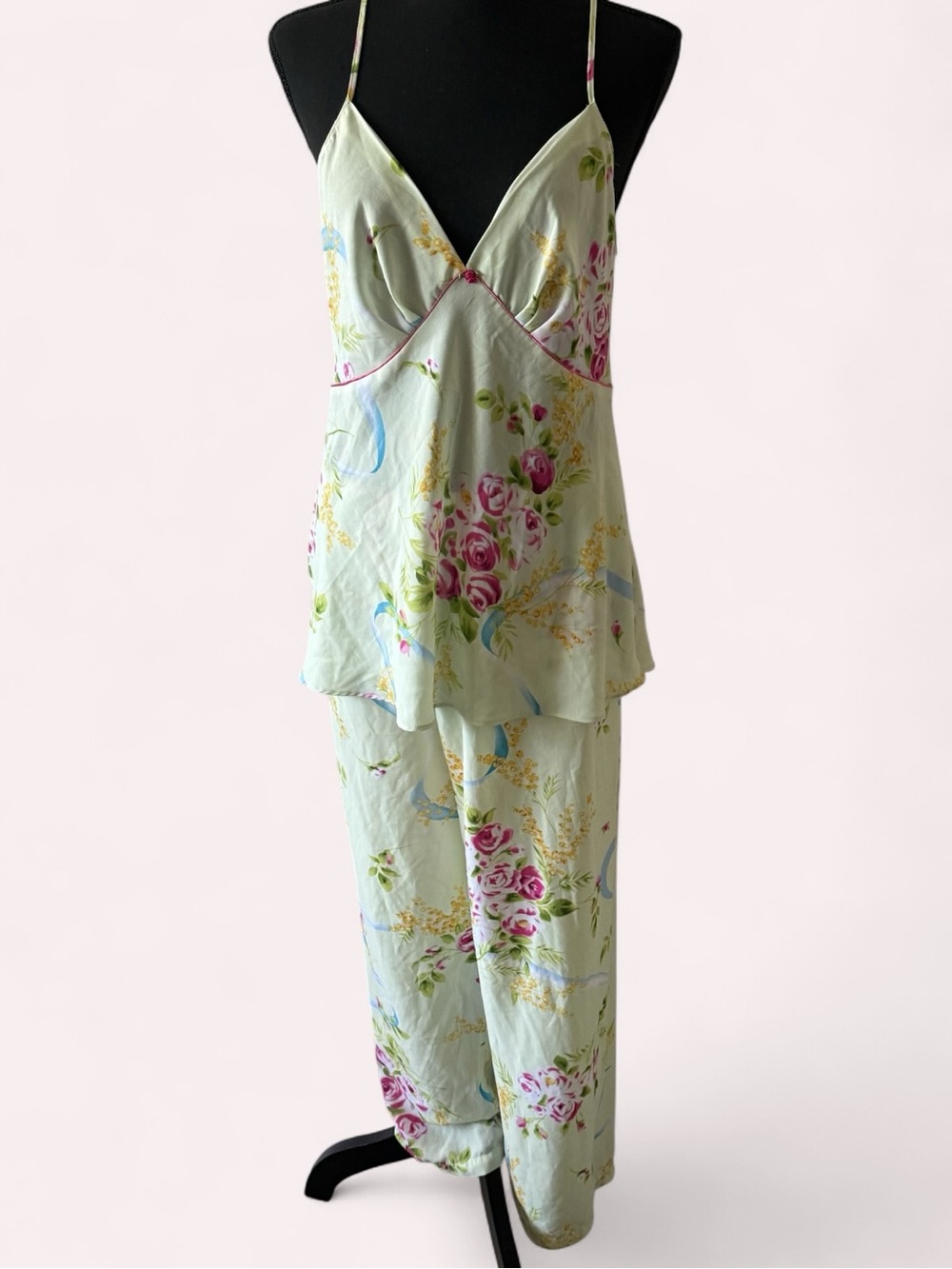 Vintage Oscar de la Renta Pink Label Floral Cami & Pants Pajama Set L